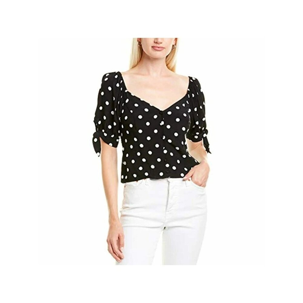 1.‎ State Blouse Top Womens 2X Black Polka Dot Button Up Front V-Neck Tie Sleeve